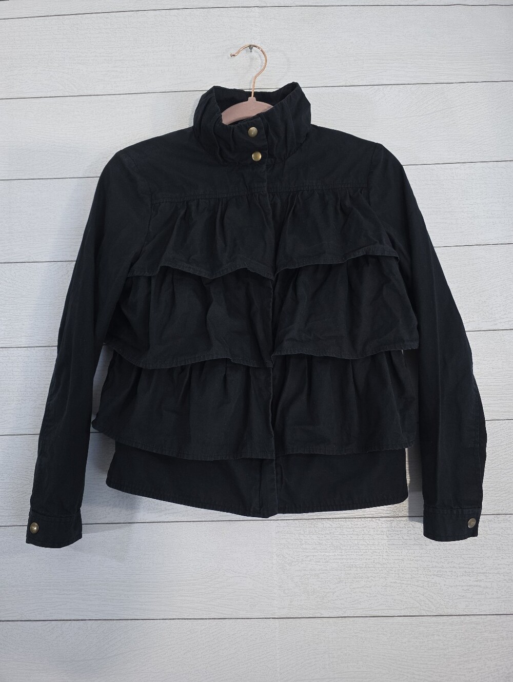 Banana Republic Black Tiered Ruffle Mock Neck Utility Jacket 4P 100 Cotton Small